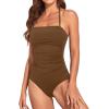 imageHolipick Women Tummy Control One Piece Swimsuits Strapless Bandeau Bathing Suits Slimming Halter SwimwearBrown