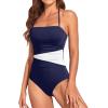imageHolipick Women Tummy Control One Piece Swimsuits Strapless Bandeau Bathing Suits Slimming Halter SwimwearNavy Blue and White