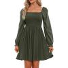 imageHolipick Womens Casual Square Neck Smocked Dress Shirred Ruffle Puff Sleeve High Waist Cute Flowy ALine Short DressArmy Green