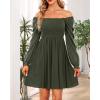 imageHolipick Womens Casual Square Neck Smocked Dress Shirred Ruffle Puff Sleeve High Waist Cute Flowy ALine Short DressArmy Green
