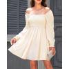 imageHolipick Womens Casual Square Neck Smocked Dress Shirred Ruffle Puff Sleeve High Waist Cute Flowy ALine Short DressBeige