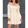 imageHolipick Womens Casual Square Neck Smocked Dress Shirred Ruffle Puff Sleeve High Waist Cute Flowy ALine Short DressBeige