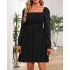 imageHolipick Womens Casual Square Neck Smocked Dress Shirred Ruffle Puff Sleeve High Waist Cute Flowy ALine Short DressBlack Long Sleeve