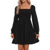 imageHolipick Womens Casual Square Neck Smocked Dress Shirred Ruffle Puff Sleeve High Waist Cute Flowy ALine Short DressBlack Long Sleeve