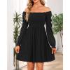imageHolipick Womens Casual Square Neck Smocked Dress Shirred Ruffle Puff Sleeve High Waist Cute Flowy ALine Short DressBlack Long Sleeve