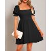 imageHolipick Womens Casual Square Neck Smocked Dress Shirred Ruffle Puff Sleeve High Waist Cute Flowy ALine Short DressBlack Short Sleeve