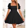 imageHolipick Womens Casual Square Neck Smocked Dress Shirred Ruffle Puff Sleeve High Waist Cute Flowy ALine Short DressBlack Short Sleeve