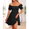 imageHolipick Womens Casual Square Neck Smocked Dress Shirred Ruffle Puff Sleeve High Waist Cute Flowy ALine Short DressBlack Short Sleeve