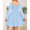 imageHolipick Womens Casual Square Neck Smocked Dress Shirred Ruffle Puff Sleeve High Waist Cute Flowy ALine Short DressBlue