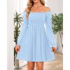 imageHolipick Womens Casual Square Neck Smocked Dress Shirred Ruffle Puff Sleeve High Waist Cute Flowy ALine Short DressBlue