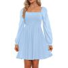 imageHolipick Womens Casual Square Neck Smocked Dress Shirred Ruffle Puff Sleeve High Waist Cute Flowy ALine Short DressBlue