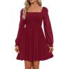 imageHolipick Womens Casual Square Neck Smocked Dress Shirred Ruffle Puff Sleeve High Waist Cute Flowy ALine Short DressBurgundy