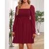 imageHolipick Womens Casual Square Neck Smocked Dress Shirred Ruffle Puff Sleeve High Waist Cute Flowy ALine Short DressBurgundy