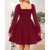 imageHolipick Womens Casual Square Neck Smocked Dress Shirred Ruffle Puff Sleeve High Waist Cute Flowy ALine Short DressBurgundy