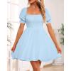 imageHolipick Womens Casual Square Neck Smocked Dress Shirred Ruffle Puff Sleeve High Waist Cute Flowy ALine Short DressLight Blue