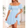 imageHolipick Womens Casual Square Neck Smocked Dress Shirred Ruffle Puff Sleeve High Waist Cute Flowy ALine Short DressLight Blue