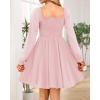 imageHolipick Womens Casual Square Neck Smocked Dress Shirred Ruffle Puff Sleeve High Waist Cute Flowy ALine Short DressPink