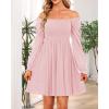 imageHolipick Womens Casual Square Neck Smocked Dress Shirred Ruffle Puff Sleeve High Waist Cute Flowy ALine Short DressPink