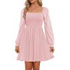 imageHolipick Womens Casual Square Neck Smocked Dress Shirred Ruffle Puff Sleeve High Waist Cute Flowy ALine Short DressPink