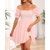 imageHolipick Womens Casual Square Neck Smocked Dress Shirred Ruffle Puff Sleeve High Waist Cute Flowy ALine Short DressPinkshort Sleeve
