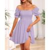 imageHolipick Womens Casual Square Neck Smocked Dress Shirred Ruffle Puff Sleeve High Waist Cute Flowy ALine Short DressPurpleshort Sleeve