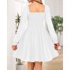imageHolipick Womens Casual Square Neck Smocked Dress Shirred Ruffle Puff Sleeve High Waist Cute Flowy ALine Short DressWhite