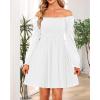 imageHolipick Womens Casual Square Neck Smocked Dress Shirred Ruffle Puff Sleeve High Waist Cute Flowy ALine Short DressWhite