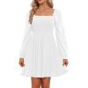 imageHolipick Womens Casual Square Neck Smocked Dress Shirred Ruffle Puff Sleeve High Waist Cute Flowy ALine Short DressWhite
