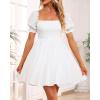 imageHolipick Womens Casual Square Neck Smocked Dress Shirred Ruffle Puff Sleeve High Waist Cute Flowy ALine Short DressWhite Short Sleeve