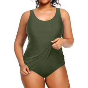 imageHolipick Plus Size Sarong One Piece Swimsuit for Women Tummy Control Bathing Suit Ruched Backless SwimwearArmy Green