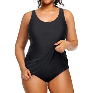 imageHolipick Plus Size Sarong One Piece Swimsuit for Women Tummy Control Bathing Suit Ruched Backless SwimwearBlack