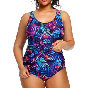 imageHolipick Plus Size Sarong One Piece Swimsuit for Women Tummy Control Bathing Suit Ruched Backless SwimwearBlue Purple Leaf