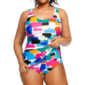 imageHolipick Plus Size Sarong One Piece Swimsuit for Women Tummy Control Bathing Suit Ruched Backless SwimwearColorful