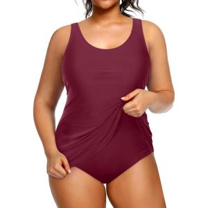 imageHolipick Plus Size Sarong One Piece Swimsuit for Women Tummy Control Bathing Suit Ruched Backless SwimwearWine Red