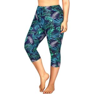 imageHolipick Plus Size Swim Pants for Women Swim Capris High Waisted Swim Leggings UPF 50 Long Swim ShortsNavy Leaf