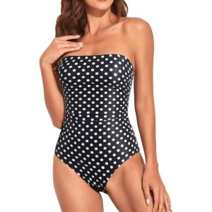 imageHolipick Women Tummy Control One Piece Swimsuits Strapless Bandeau Bathing Suits Slimming Halter SwimwearBlack Dot