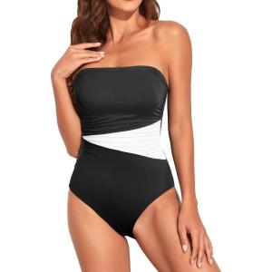 imageHolipick Women Tummy Control One Piece Swimsuits Strapless Bandeau Bathing Suits Slimming Halter SwimwearBlack White