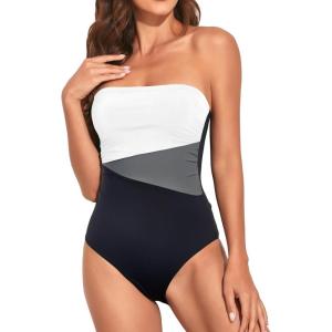 imageHolipick Women Tummy Control One Piece Swimsuits Strapless Bandeau Bathing Suits Slimming Halter SwimwearBlack White Grey