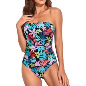 imageHolipick Women Tummy Control One Piece Swimsuits Strapless Bandeau Bathing Suits Slimming Halter SwimwearColorful Leaves