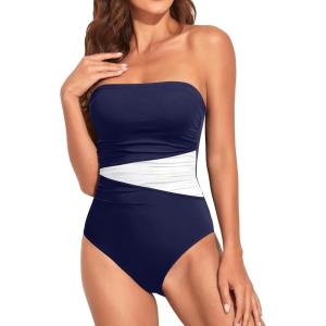 imageHolipick Women Tummy Control One Piece Swimsuits Strapless Bandeau Bathing Suits Slimming Halter SwimwearNavy Blue and White
