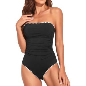 imageHolipick Women Tummy Control One Piece Swimsuits Strapless Bandeau Bathing Suits Slimming Halter SwimwearNew Black With White