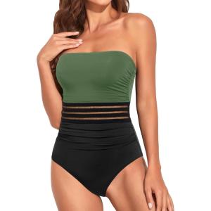 imageHolipick Women Tummy Control One Piece Swimsuits Strapless Bandeau Bathing Suits Slimming Halter SwimwearOlive Green and Black