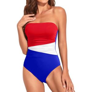 imageHolipick Women Tummy Control One Piece Swimsuits Strapless Bandeau Bathing Suits Slimming Halter SwimwearRed White Blue