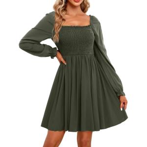 imageHolipick Womens Casual Square Neck Smocked Dress Shirred Ruffle Puff Sleeve High Waist Cute Flowy ALine Short DressArmy Green
