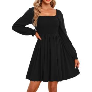 imageHolipick Womens Casual Square Neck Smocked Dress Shirred Ruffle Puff Sleeve High Waist Cute Flowy ALine Short DressBlack Long Sleeve