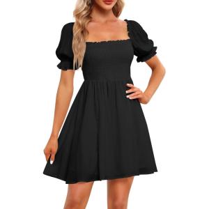 imageHolipick Womens Casual Square Neck Smocked Dress Shirred Ruffle Puff Sleeve High Waist Cute Flowy ALine Short DressBlack Short Sleeve