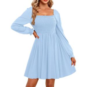 imageHolipick Womens Casual Square Neck Smocked Dress Shirred Ruffle Puff Sleeve High Waist Cute Flowy ALine Short DressBlue