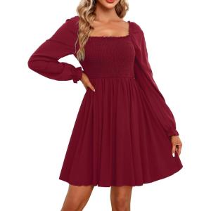 imageHolipick Womens Casual Square Neck Smocked Dress Shirred Ruffle Puff Sleeve High Waist Cute Flowy ALine Short DressBurgundy
