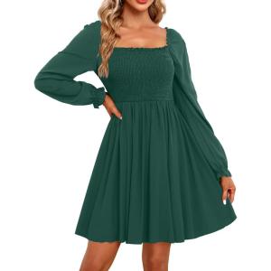 imageHolipick Womens Casual Square Neck Smocked Dress Shirred Ruffle Puff Sleeve High Waist Cute Flowy ALine Short DressGreen