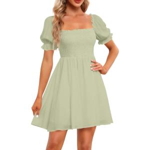 imageHolipick Womens Casual Square Neck Smocked Dress Shirred Ruffle Puff Sleeve High Waist Cute Flowy ALine Short DressGreenshort Sleeve